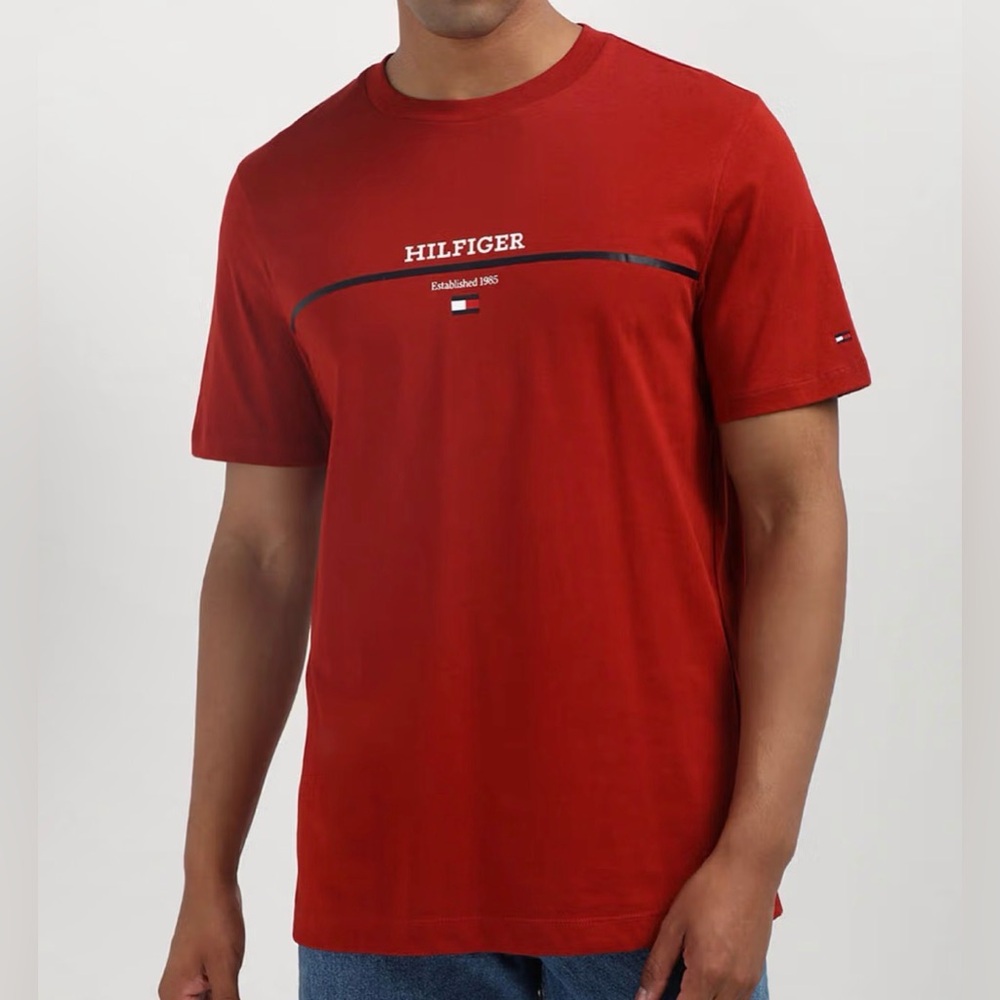 Tommy Hilfiger Men's Deep Red Crew Neck Logo Tee